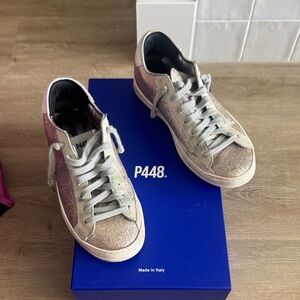 P448 Women's Glitter Lace-Up Sneakers in Pink and Gold Glitter
